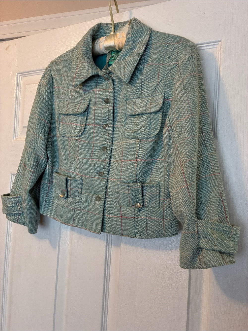 Mint Green Plaid Wool-Blend Cropped Jacket